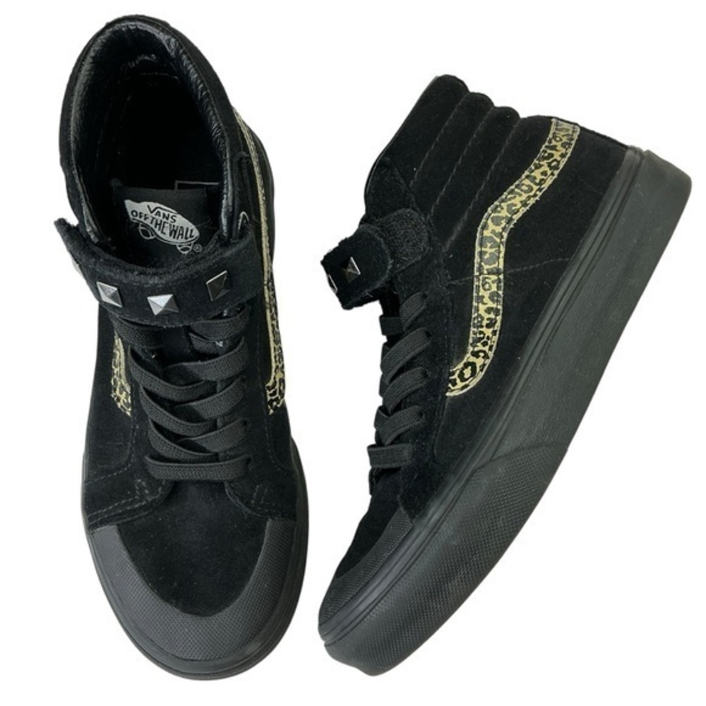 Vans Off The Wall Black Sneakers with Leopard Print Accents Girls Size 2.5